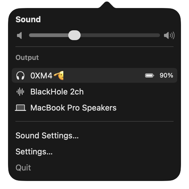 The Sound menu open: a volume slider above a list of output devices, with a battery level on each headset's row