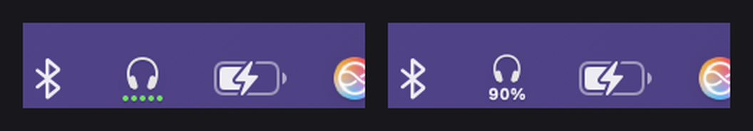 The menu bar item shown in both styles: a headphones glyph with five green dots beneath it, and the same glyph with a small percentage beneath it